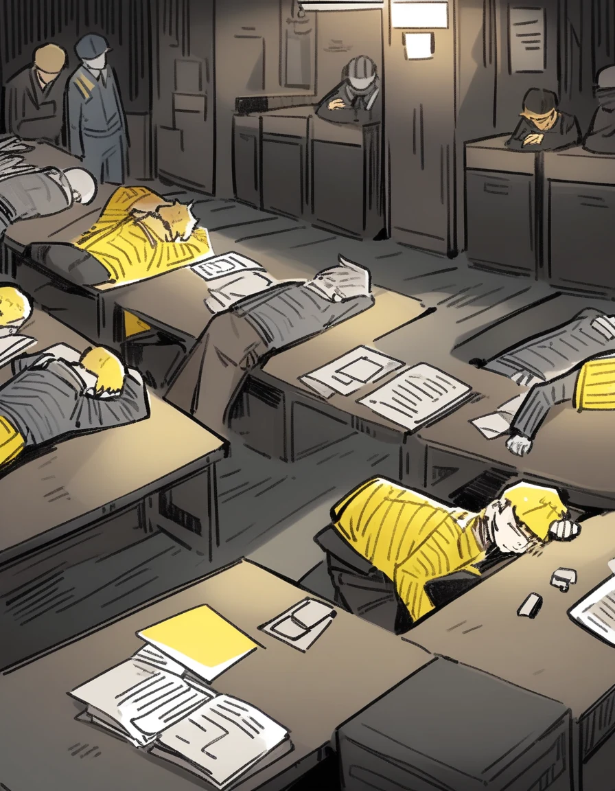 모든 직원이 멈춘 컨베이어 벨트 옆에서 자고 있는 장면